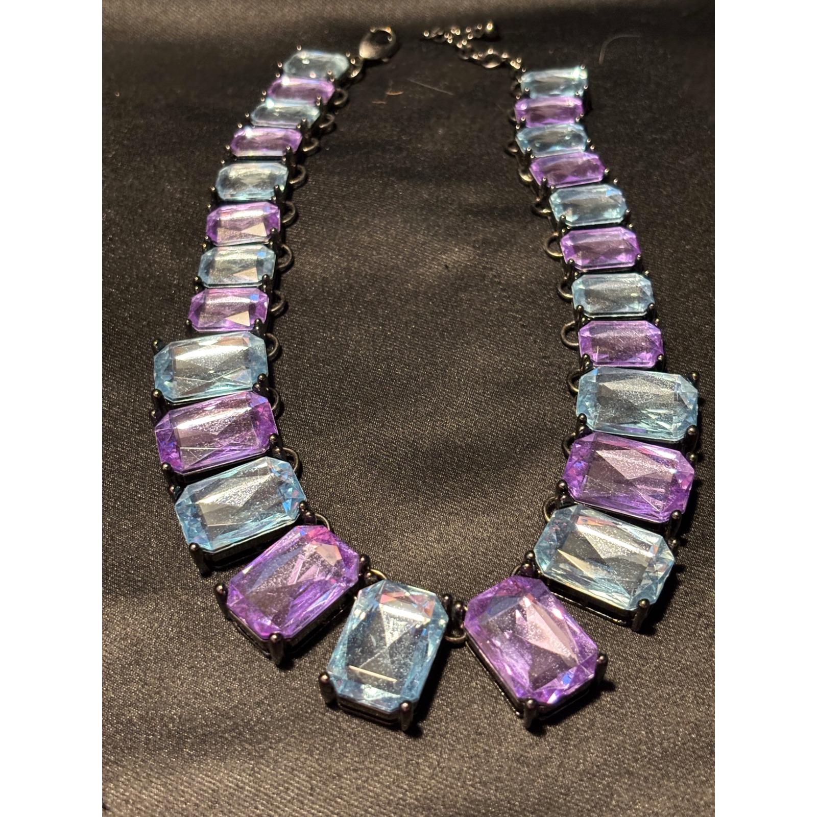 Blue Purple Emerald Cut Crystal Statement Necklace & Earring Set Gunmetal Tone